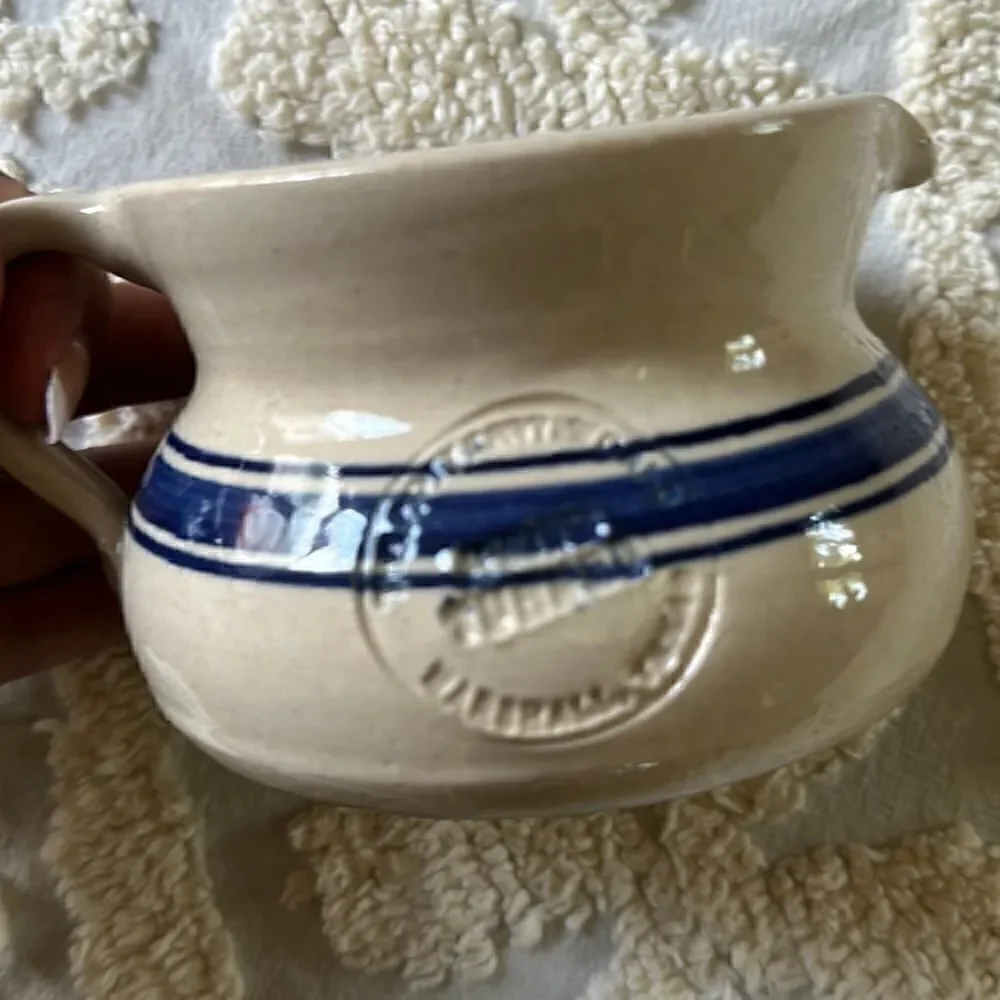 Pottery Creamer Small Pitcher Heavy Blue Stripe Texas